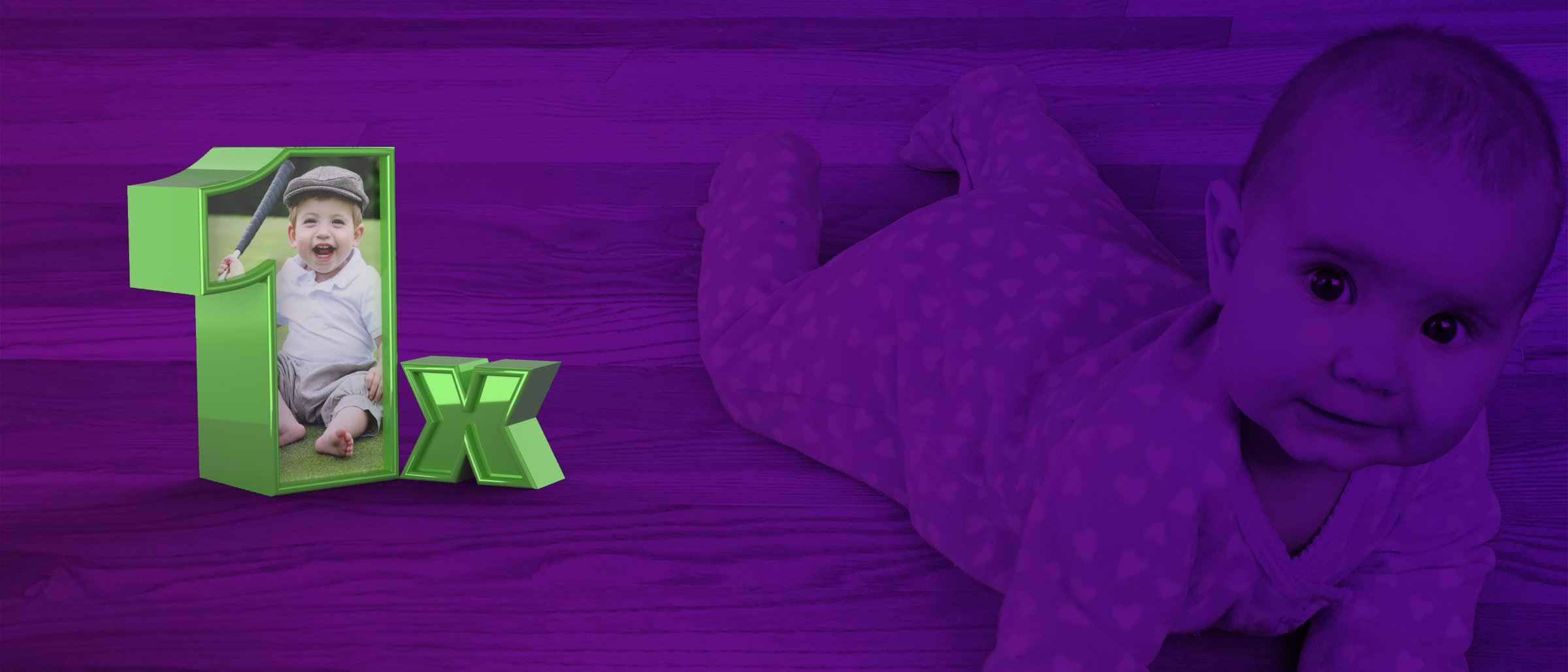 A picture of Payne, an infant with SMA, smiling and holding a gold club, framed inside a 3D object in the shape of the number 1x